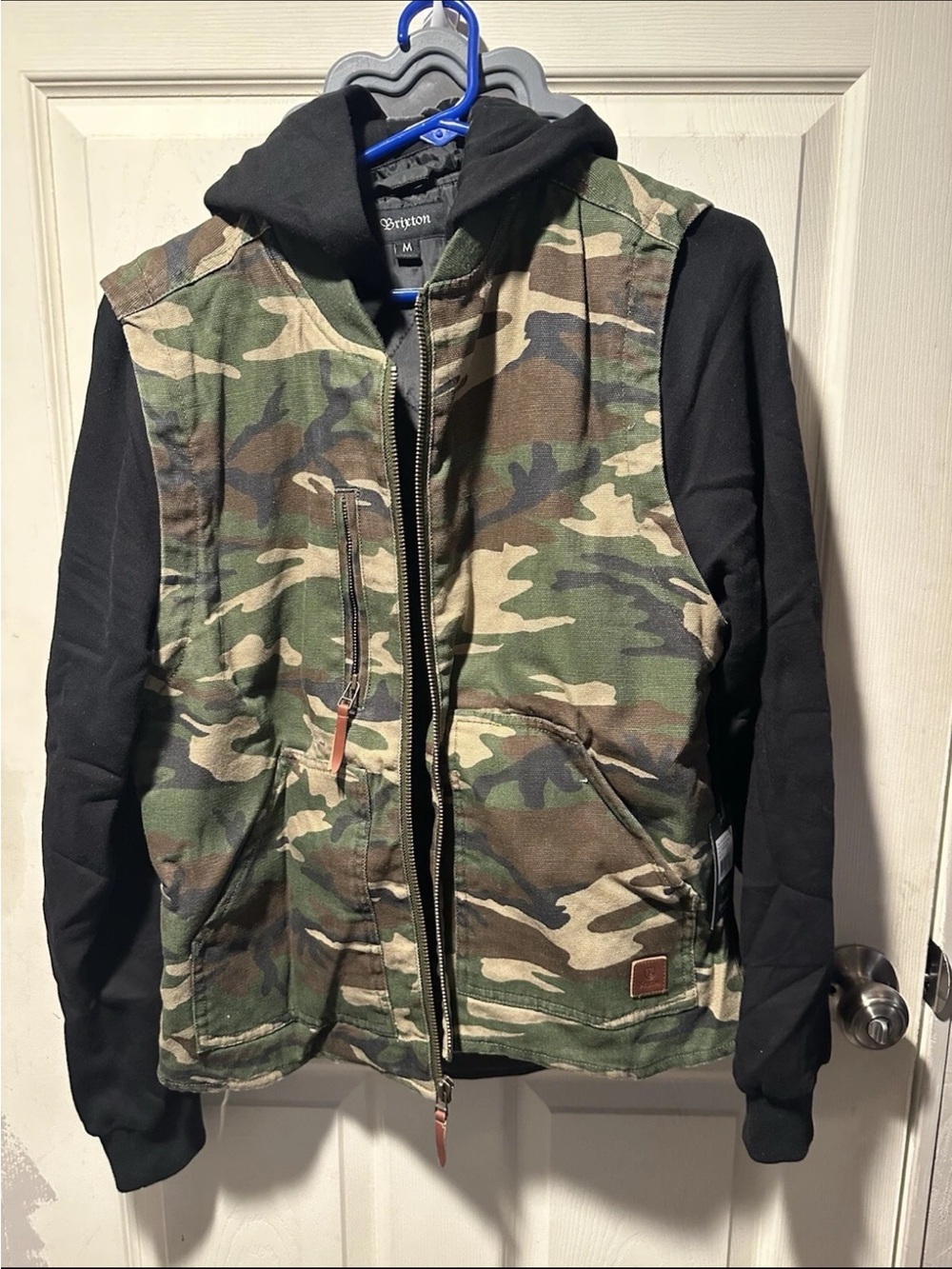 Brixton Camo Front Zip Hooded Jacket with Black Sleeves